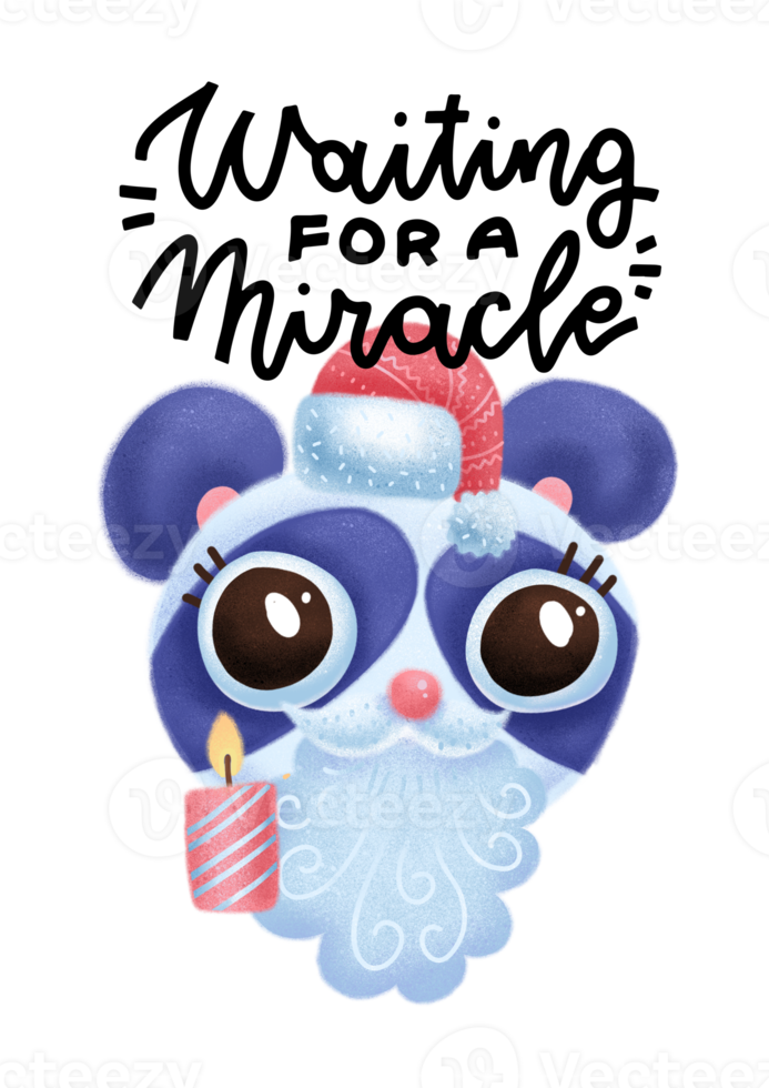 verwacht kerst handgetekende zin. wachten op een wonder uit de vrije hand zwarte lijn kalligrafie. kerstmis, nieuwjaarsbriefkaart, bannerbelettering. hand dtawn getextureerde panda gezicht in sanpe hoed met kaars. png