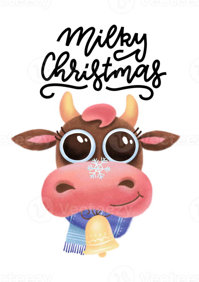 Print for poster with hand drawn lettering - Milky Christmas. Christmas cute cartoon cow head with scarf. New Year 2021, 2033 greeting card. Textured hand drawn illustration png