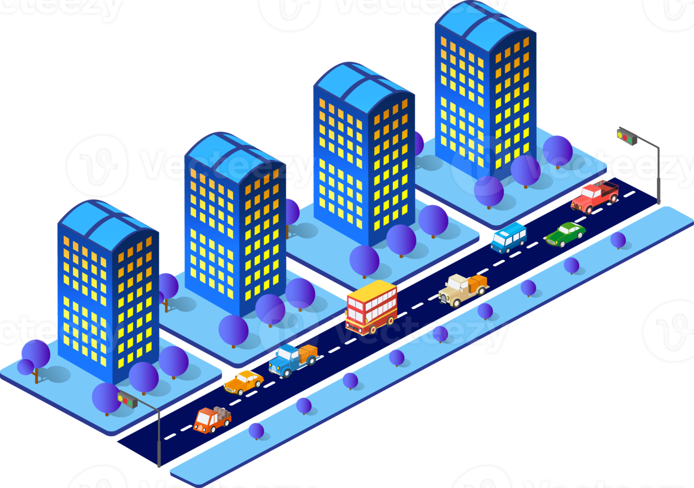 Illustration 3d de l'ultraviolet néon des bâtiments isométriques de l'infrastructure urbaine. png