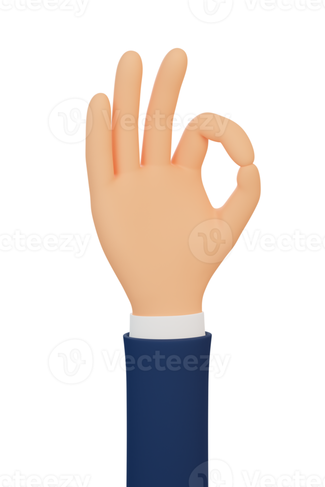 cartoon hand met een goed teken. 3d handgebaar oke. 3D illustratie. 3D render. png