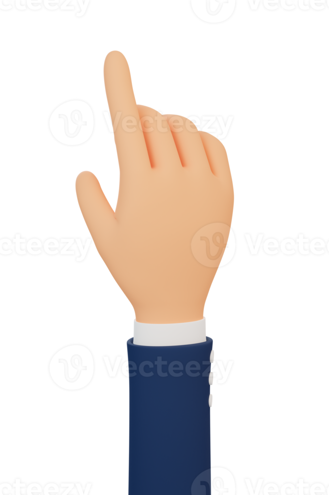 Cartoon hand points finger at something, selects or clicks. 3d illustration. 3d render. png