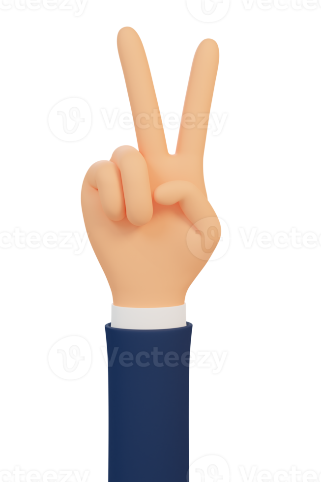 Victory gesture 3d cartoon hand. Two fingers show V sign. 3d illustration. 3d render. png