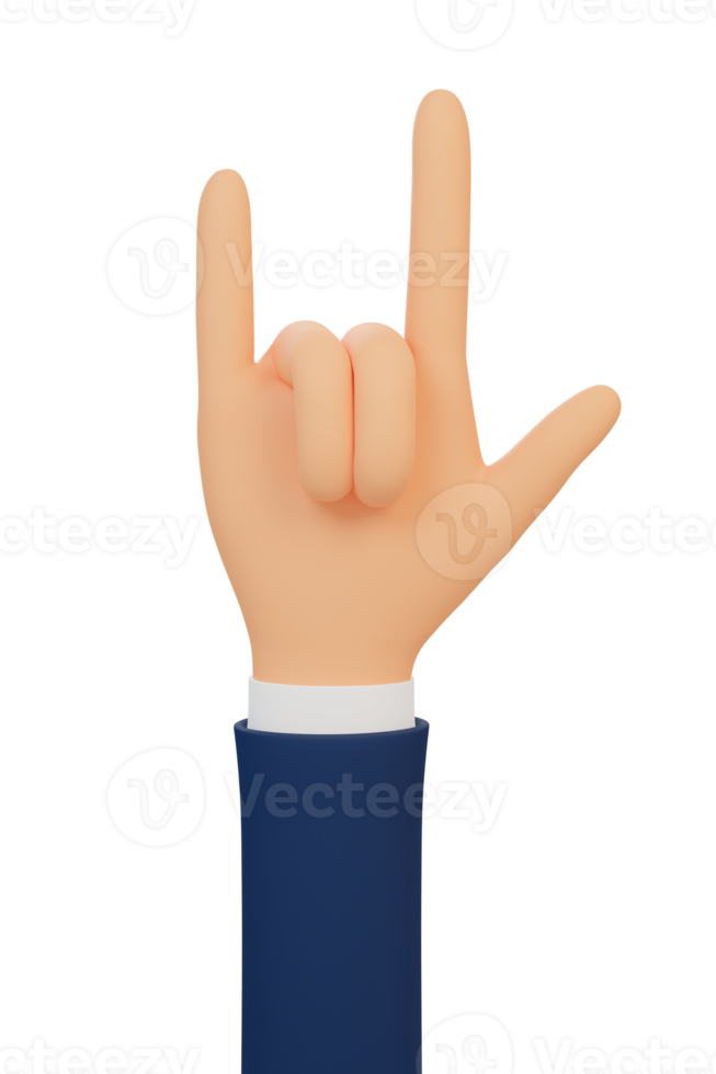 Cartoon hand rock emoticon. 3d hand rock on party gesture. 3d illustration. 3d render. png