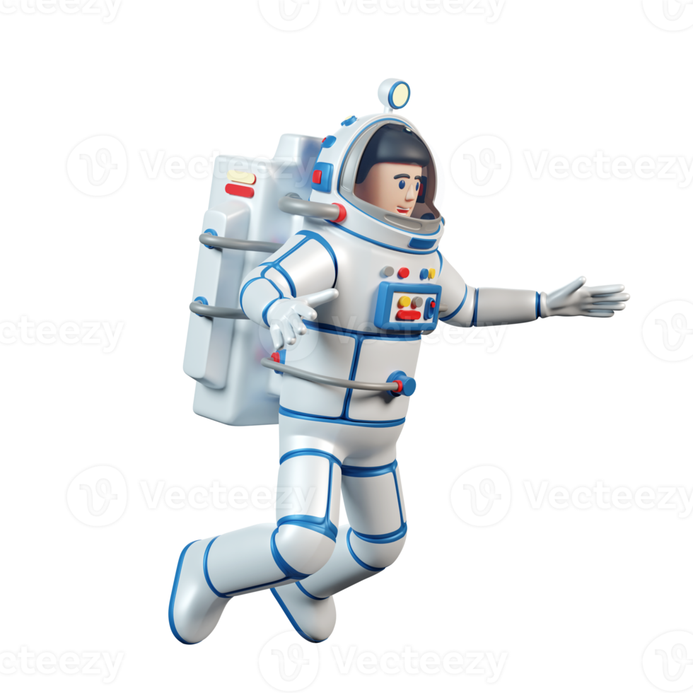 astronauta in tuta spaziale. cartone animato 3d astronauta vola nello spazio aperto. illustrazione 3d. rendering 3d. png