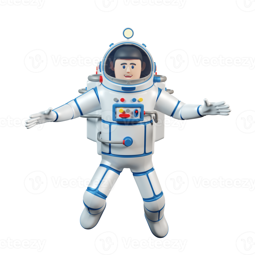 Astronaut im Raumanzug. Cartoon 3D-Raumfahrer fliegt im offenen Raum. 3D-Darstellung. 3D-Rendering. png