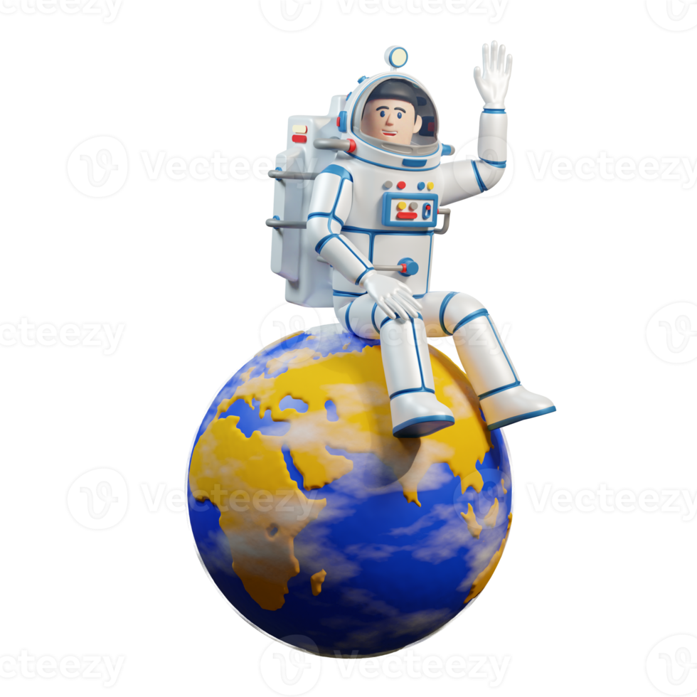 astronauta em traje espacial senta-se no globo do planeta Terra e acena com a mão. astronauta 3D em traje espacial. ilustração 3D, renderização 3D png