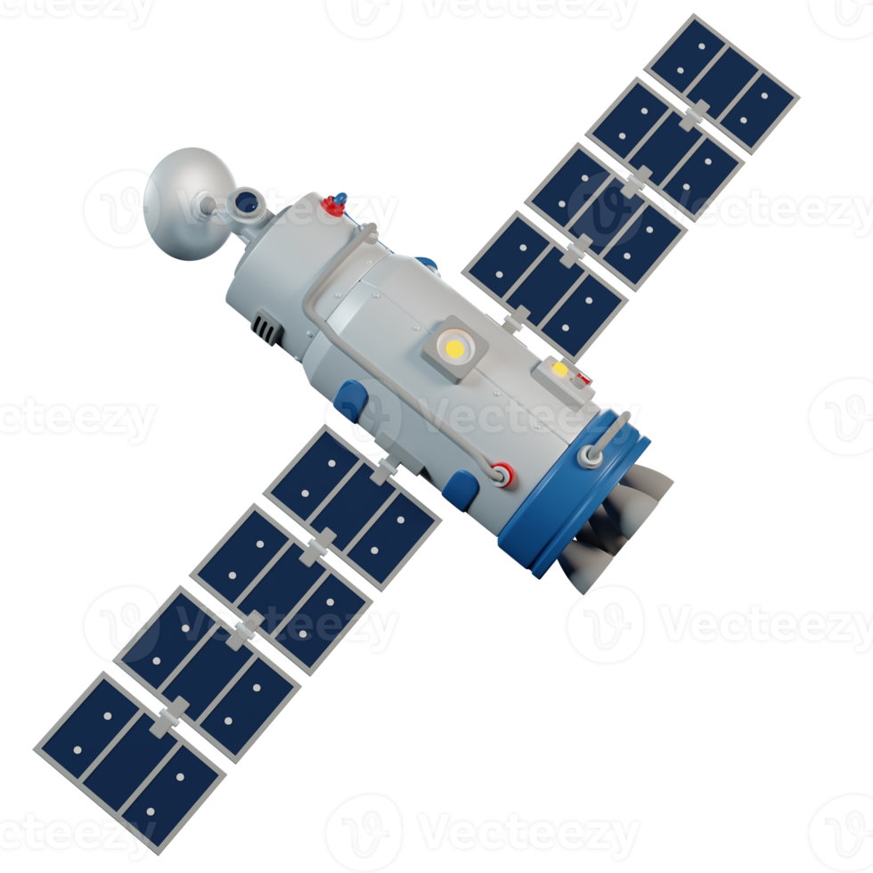 Satellite with rotating antenna flying in space. Space station in orbit. png