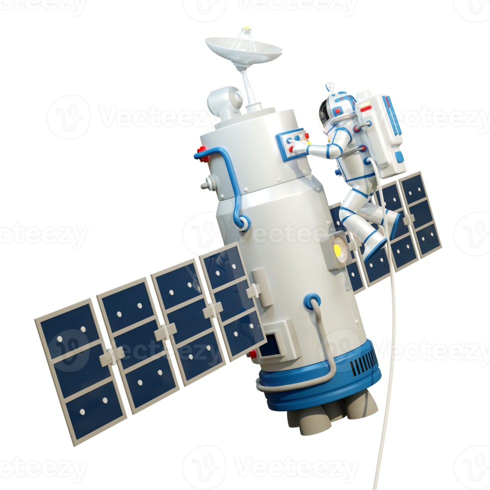 astronauta em traje espacial trabalha em espaço aberto com satélite. satélite espacial e astronauta. ilustração 3D, renderização 3D png