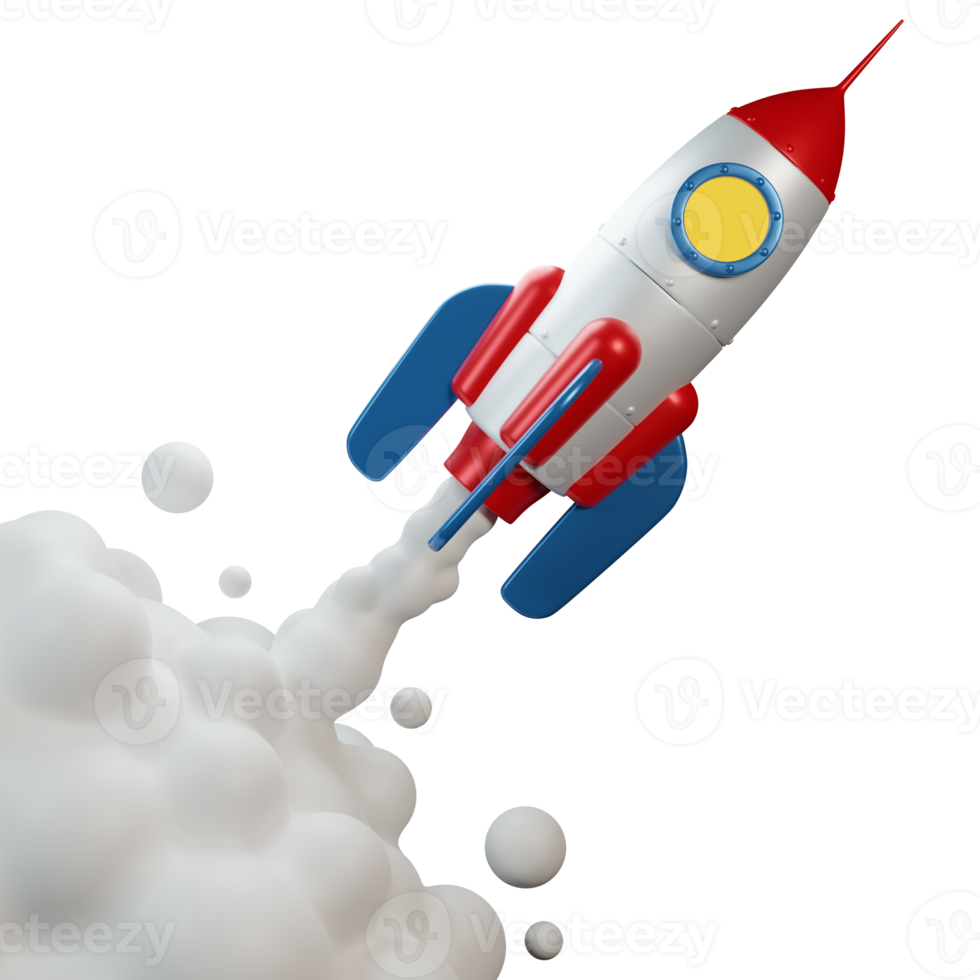 Rocket start with jet smoke - isolated template. Startup toy rocket launch. png