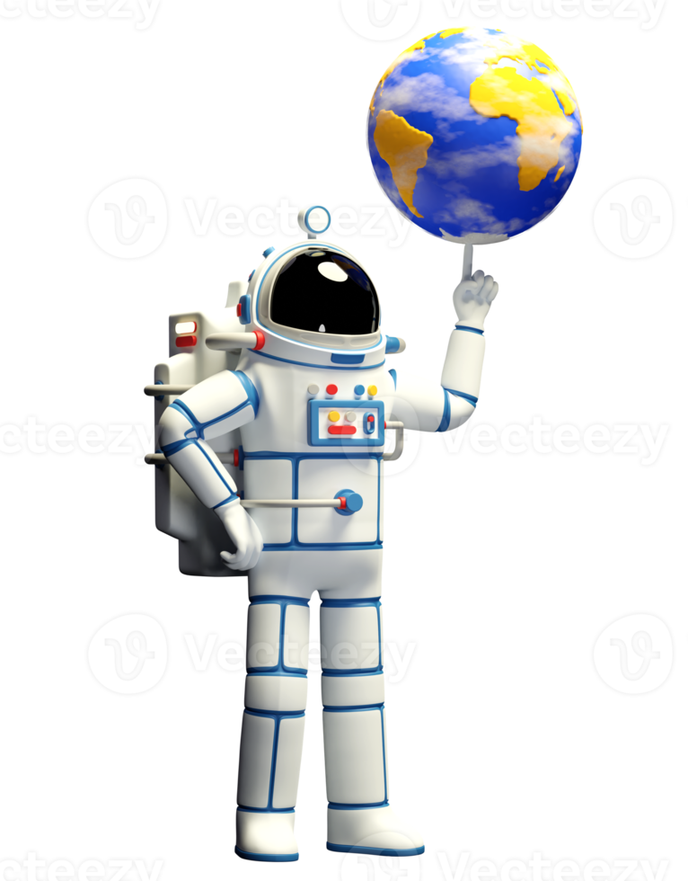 ruimtevaarder en planeet aarde. astronaut in ruimtepak draait de planeet aarde op zijn vinger. 3D illustratie. 3D render. png
