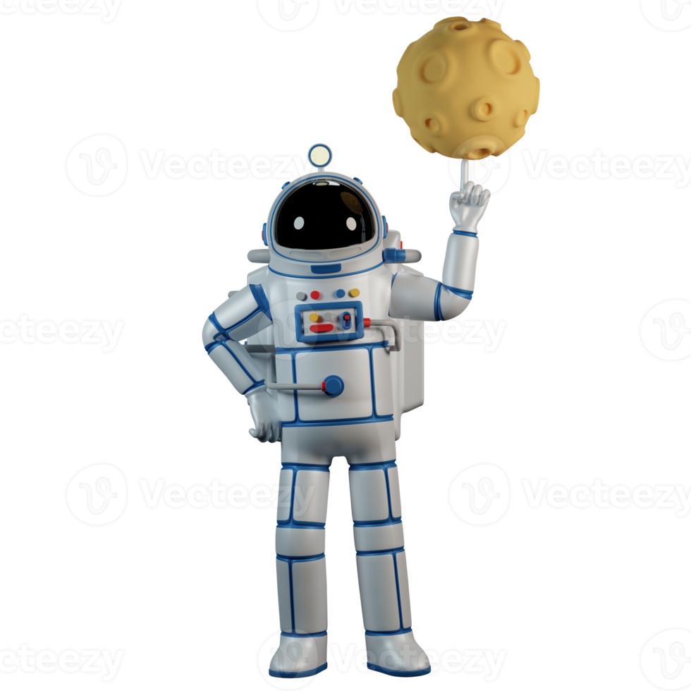 Isolated Spaceman in spacesuit twirls the moon on his finger. Astronaut and planet with craters - cartoon 3d illustration. png