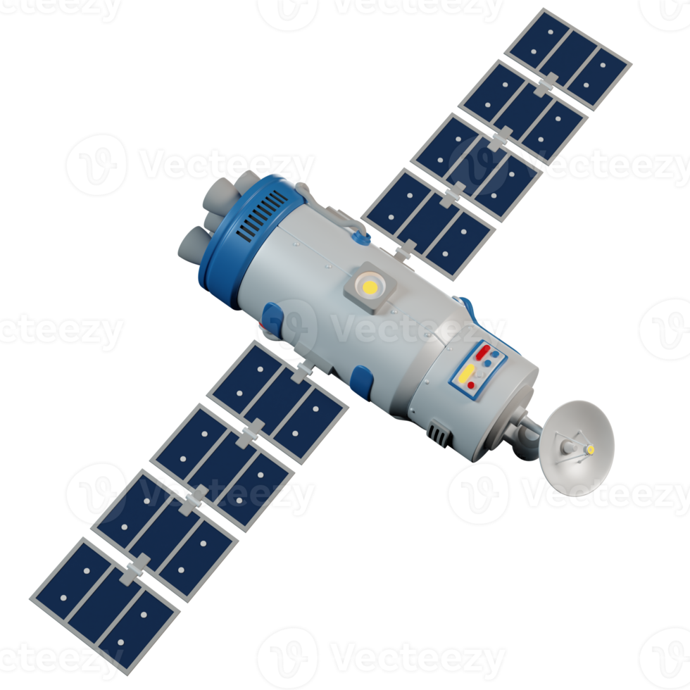 Satellite with rotating antenna flying in space. Space station in orbit. png