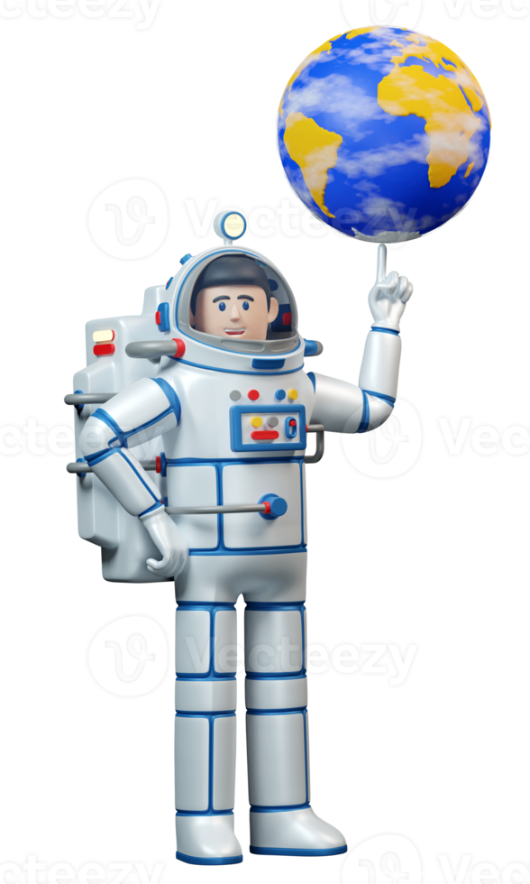 leende astronaut i rymddräkt och planeten jorden. rymdmannen snurrar planeten jorden på fingret. 3d illustration. 3d rendering. png