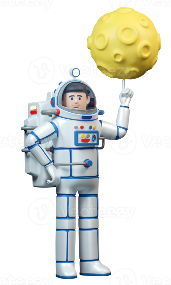 Astronaut and planet with craters. Smiling Spaceman in spacesuit twirls the moon on his finger. cartoon 3d illustration. 3D render. png