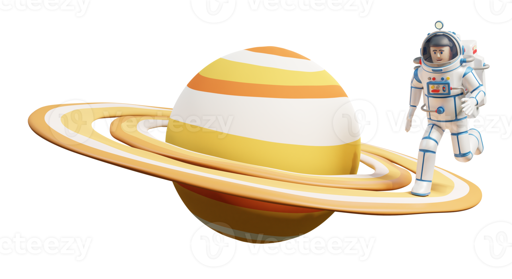 Astronaut in spacesuit on the rings of Saturn. Planet Saturn and the  running spaceman. 3d illustration, 3d render 8507072 PNG