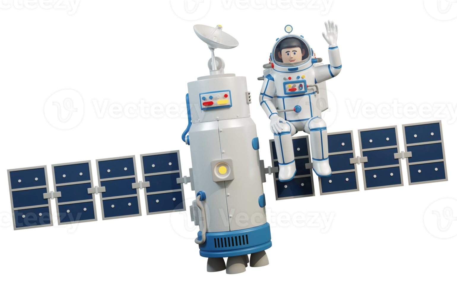 Astronaut in spacesuit sits on space satellite. Space satellite and spaceman. 3d illustration, 3d render png