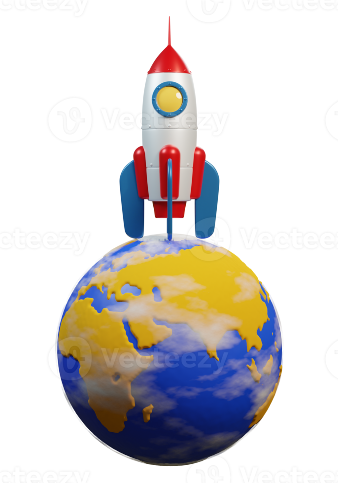 Rocket on planet earth, ready for launch into space. 3d illustration, 3d render png