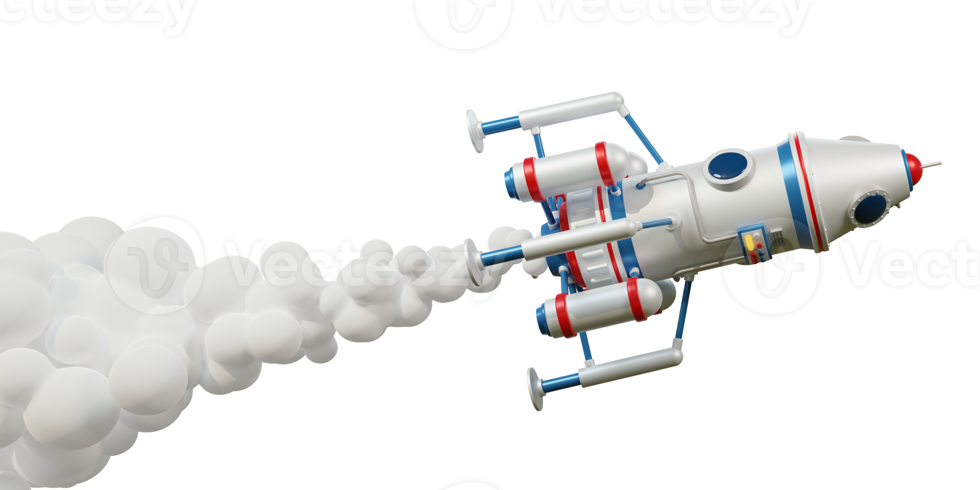 le module spatial du vaisseau spatial vole dans l'espace avec de la fumée de jet. Illustration 3D. rendu 3D. png