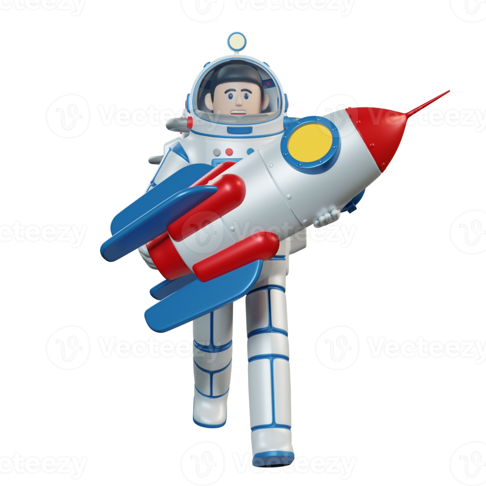 Cartoon-Astronaut in einem Raumanzug trägt eine Weltraumrakete in seinen Armen. 3D-Darstellung. 3D-Rendering. png