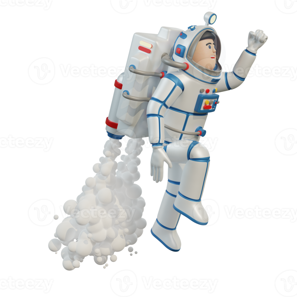 astronauta in tuta spaziale con jetpack decolla nello spazio. giocattolo spaziale. illustrazione 3d. rendering 3d. png