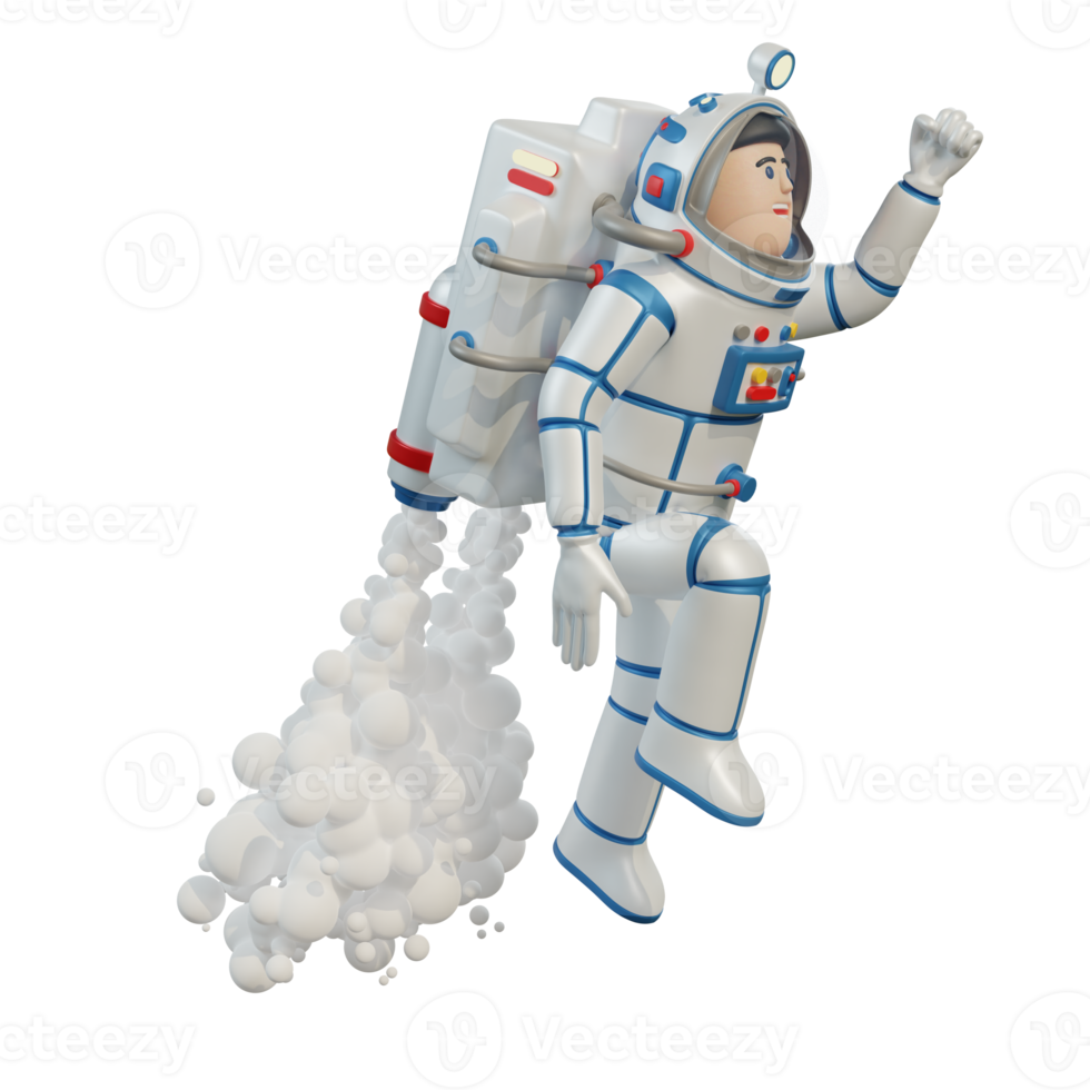 l'astronaute en combinaison spatiale avec jetpack décolle dans l'espace. jouet de l'astronaute. Illustration 3D. rendu 3D. png