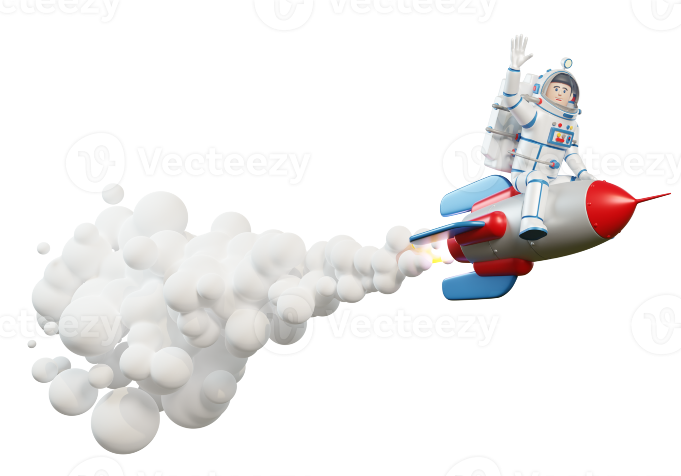 Astronauta 3d in tuta spaziale in sella a un razzo che rilascia fiamme e fumo. rendering 3d. illustrazione 3d. png