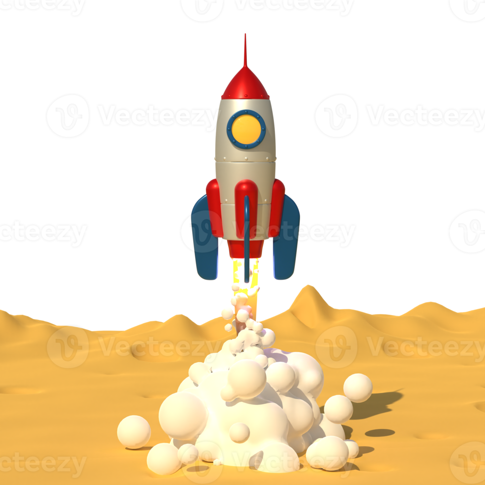 Rakete hebt mit Düsenrauch von der Oberfläche des Mondplaneten ab. Spielzeugrakete, die in den Weltraum startet. 3D-Darstellung. 3D-Rendering. png