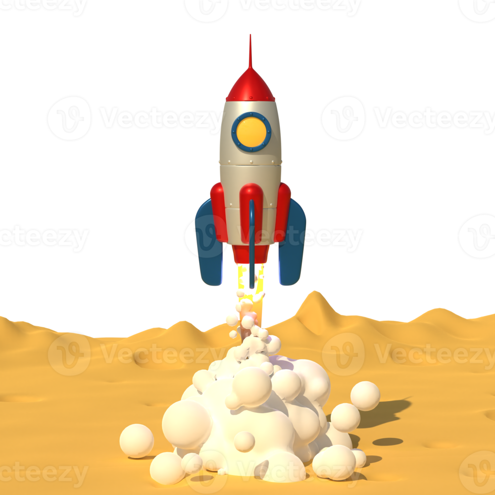 Rocket takes off with jet smoke from Moon planet surface. Toy rocket launching into space. 3d illustration. 3d render. png