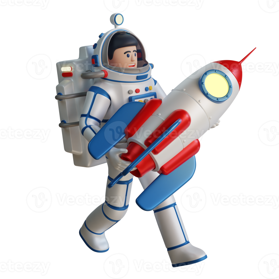 l'astronaute de dessin animé dans une combinaison spatiale porte une fusée spatiale dans ses bras. Illustration 3D. rendu 3D. png