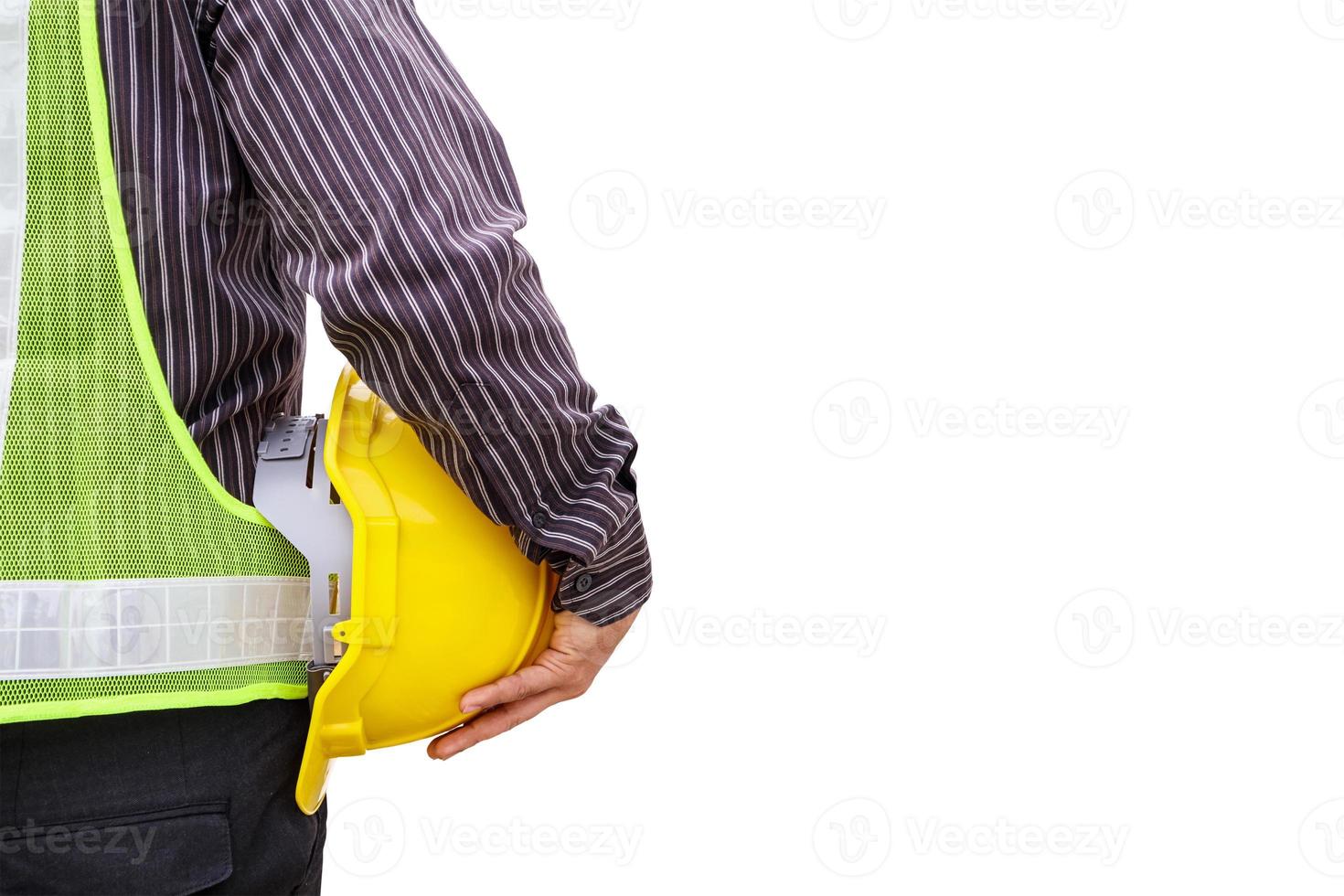 engineer worker with blueprint and safety helmet isolated on white background photo