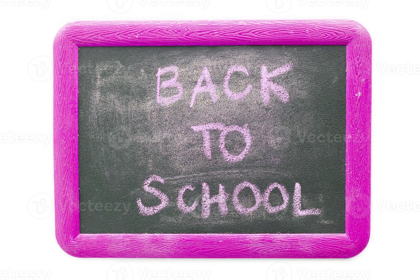 back to school text on chalkboard isolated on white background photo