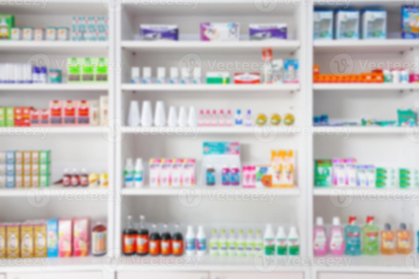 Pharmacy drugstore blur abstract backbround with medicine and healthcare product on shelves photo