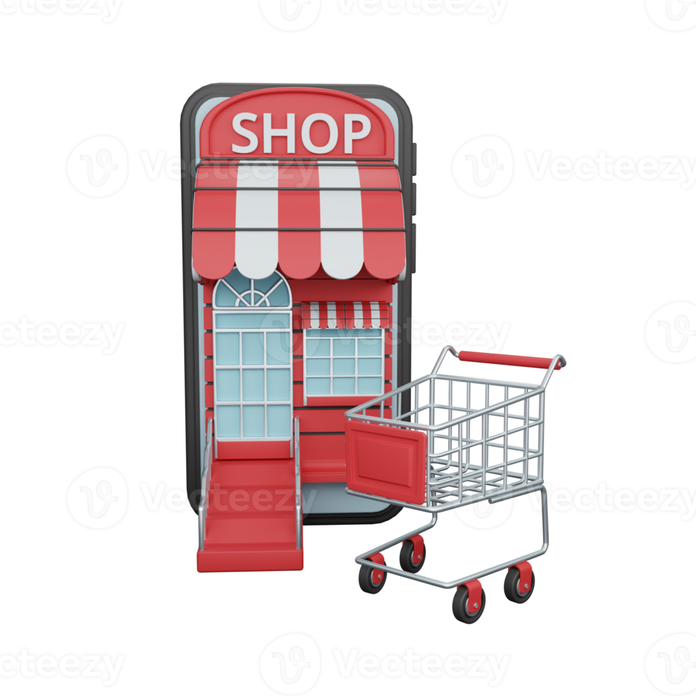 3d renderização de compras on-line em smartphone isolado útil para comércio eletrônico ou design on-line de negócios png
