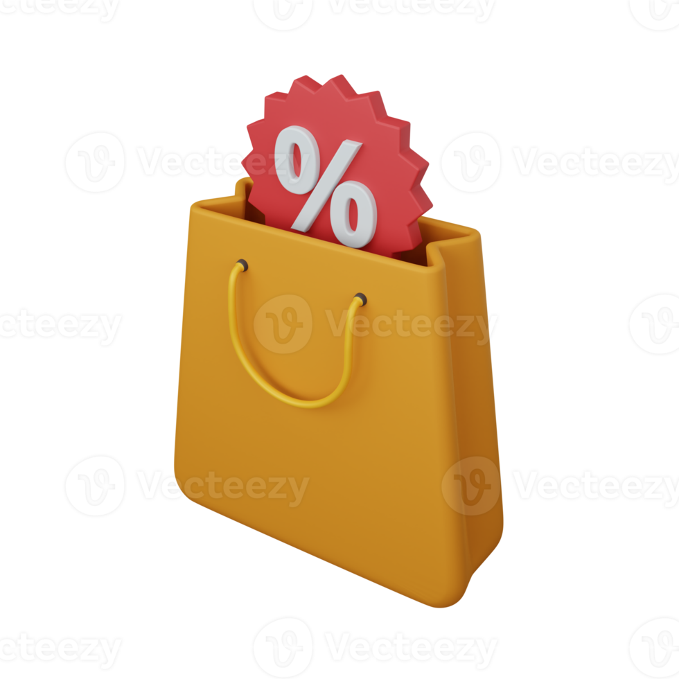 3d rendering shopping bag with discount isolated useful for ecommerce or business online design png