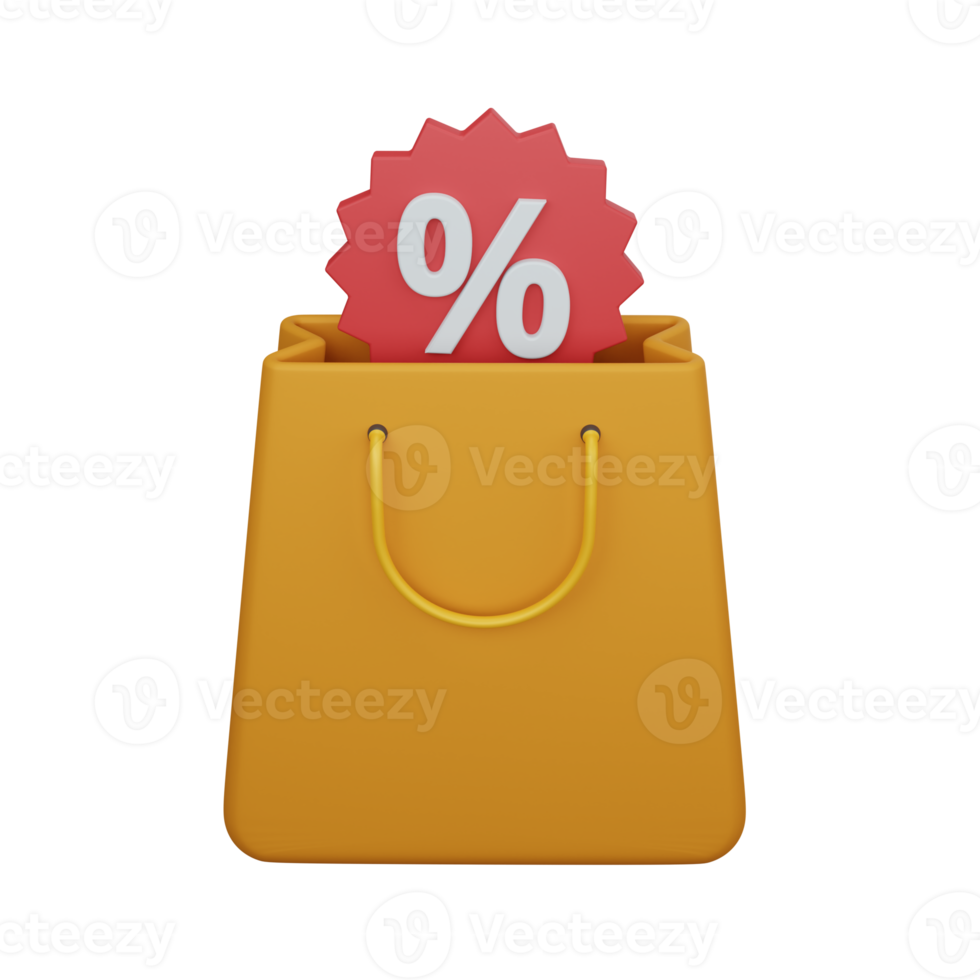 3d rendering shopping bag with discount isolated useful for ecommerce or business online design png