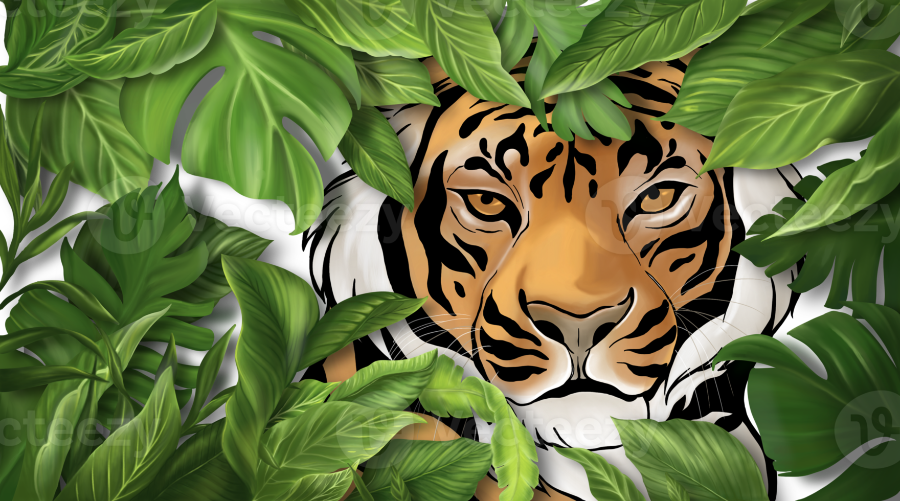 A big clam tiger is sitting behind many green leaves and looking straight for waiting something. Digital hand drawn and painted image. png