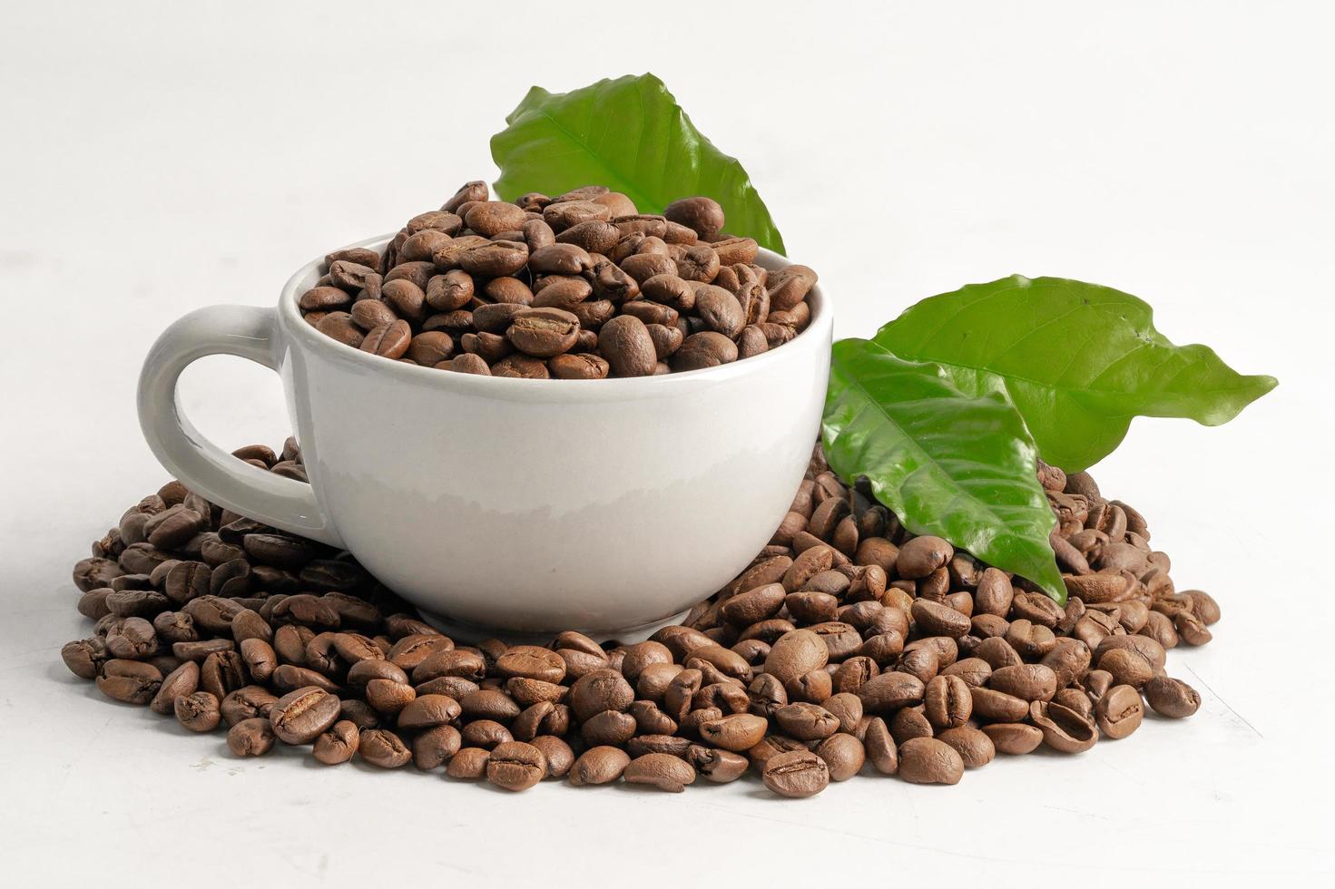 Coffee bean medium roasted in cup with leaf in fresh morning isolated on white background. photo
