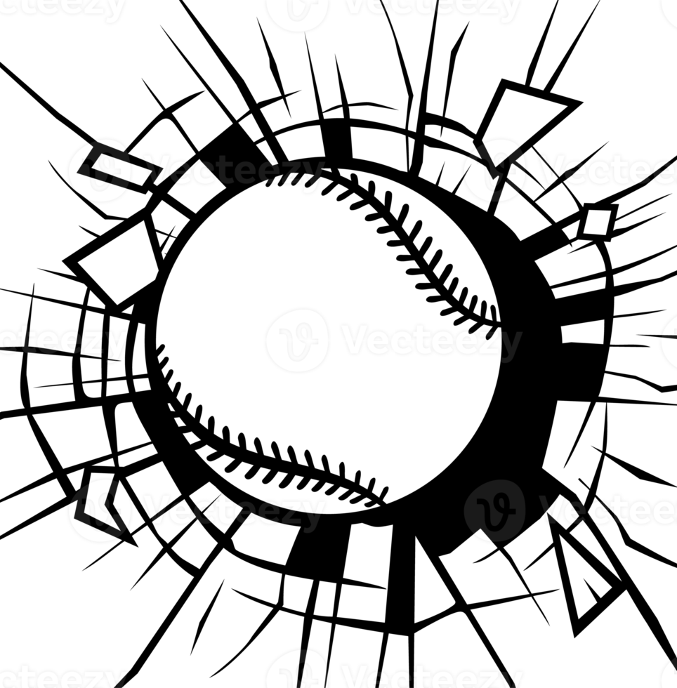 Smashing baseball ball black and white. Png illustration.