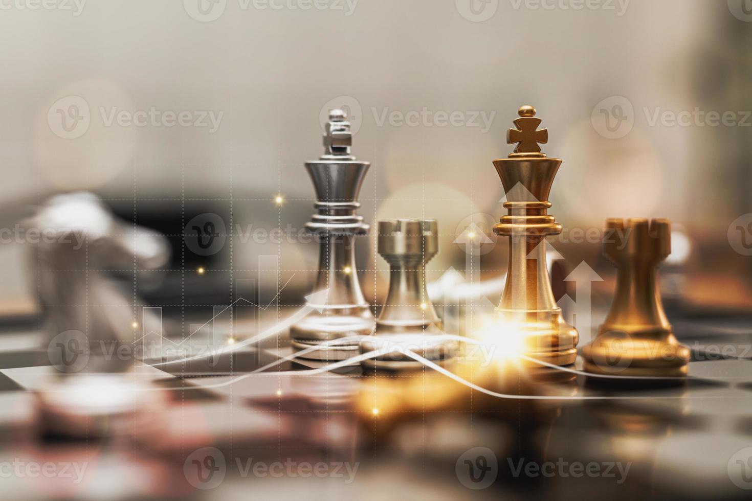 Close-up of a game of chessboard with chess pieces. Chessboard Concept vs. Business Management on Risk, Graphic Charts Showing Financial Flows and Business Performance. Risk management. photo