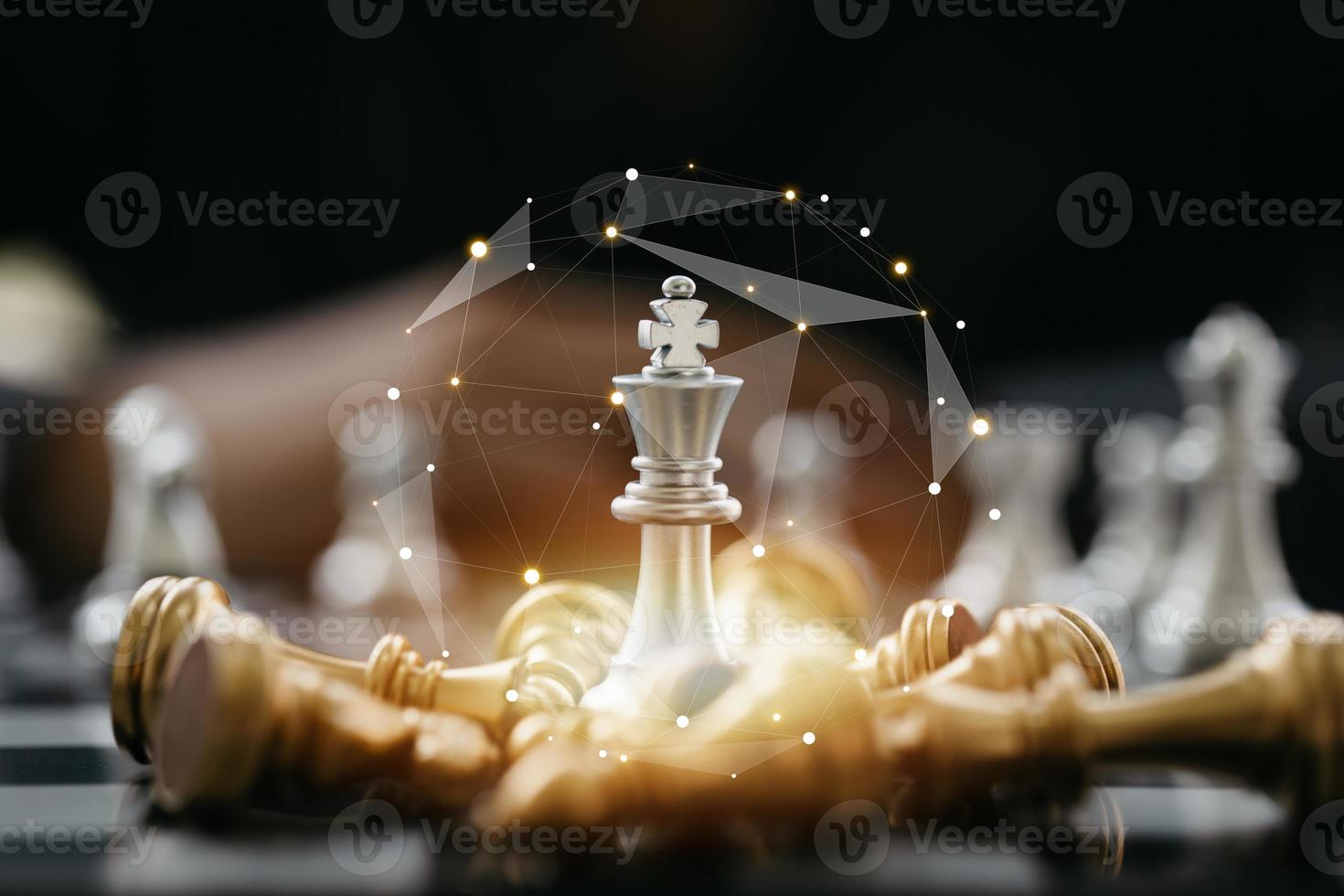 Close-up of a game of chessboard with chess pieces. Chessboard Concept vs. Business Management on Risk, Graphic Charts Showing Financial Flows and Business Performance. Risk management. photo
