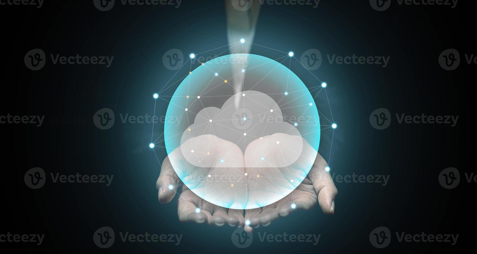 Glowing circle on human hand with connecting lines around it and cloud image inside, cloud storage service concept, data safe keeping, data connection from anywhere, Connect a variety of information. photo