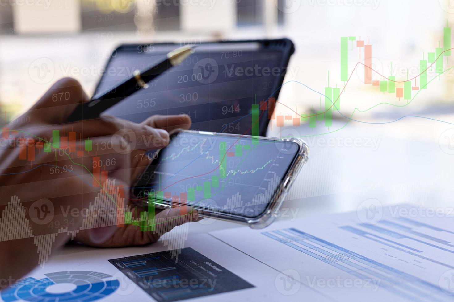 Finance business investment ideas, stock market investment, digital finance, cryptocurrencies, bank mutual funds and digital assets. Investors analyze the charts to see the ups and downs of a trade. photo