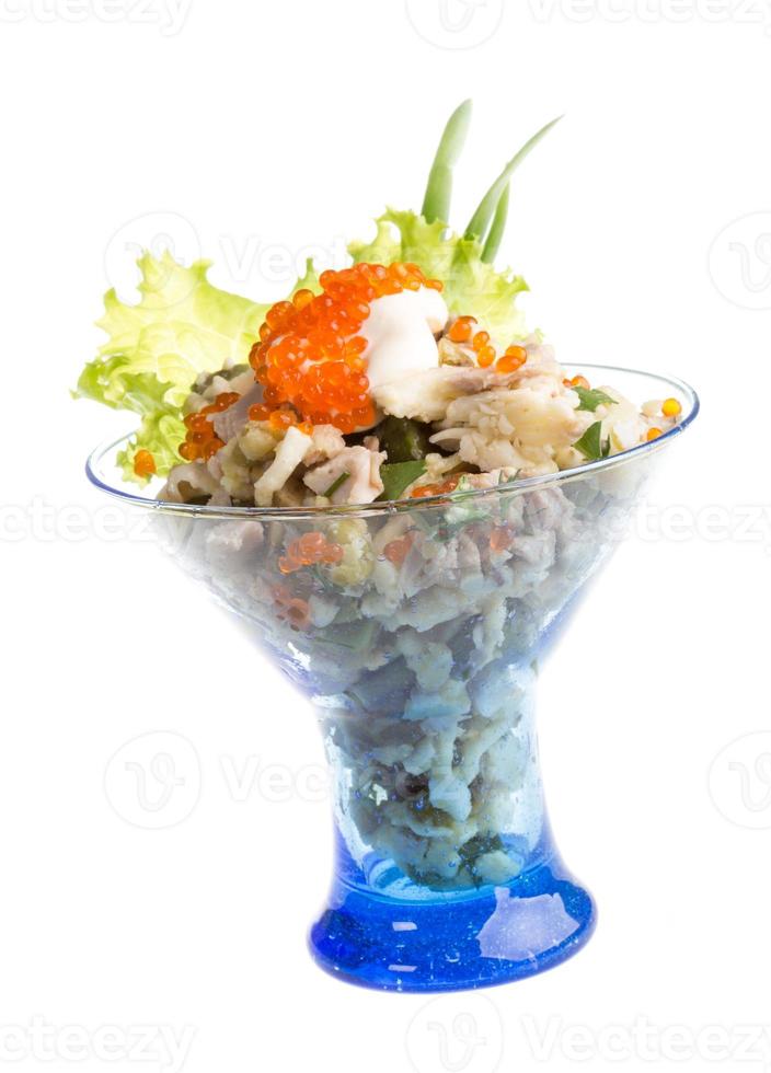 Salad with shrimp, avocado, tomatoes, red caviar photo