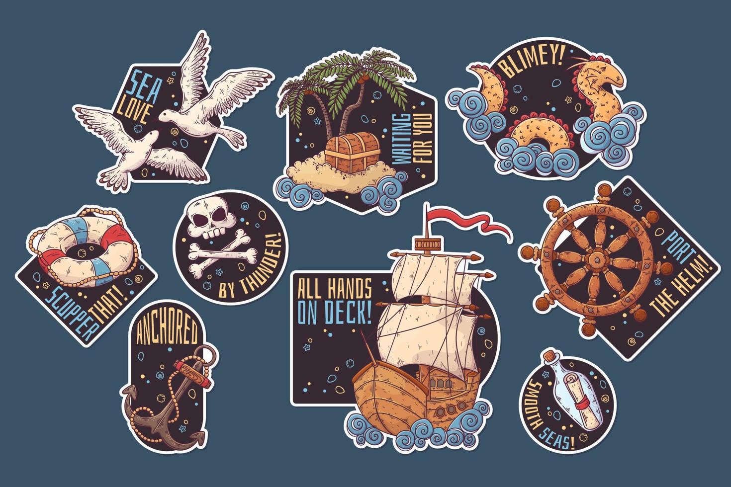 Hand drawn sea journey stickers Vector. Isolated objects for your design. vector