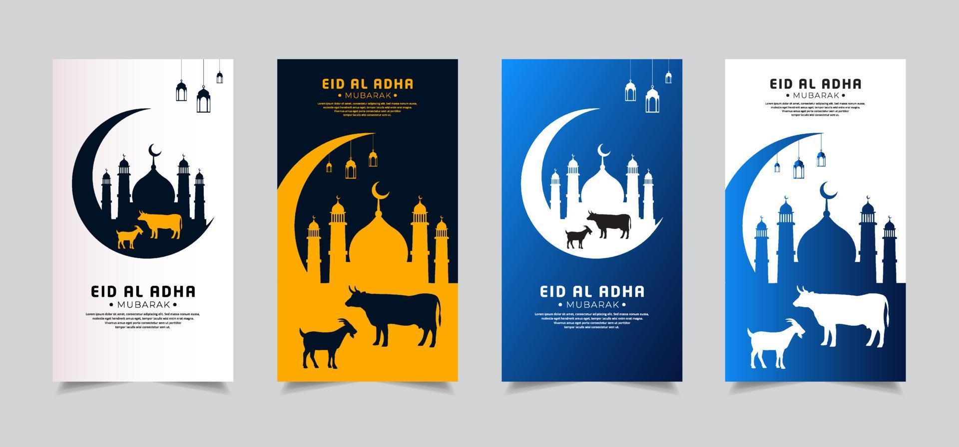 feliz colección de historias de plantilla de diseño de eid al adha mubarak. fondo islámico con linterna, mezquita y cabra. vector