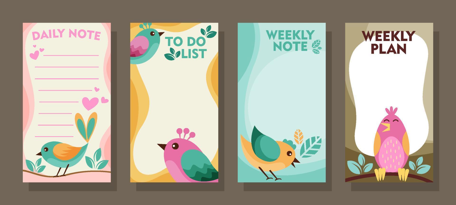 páginas de plantilla de diario con tema de aves vector