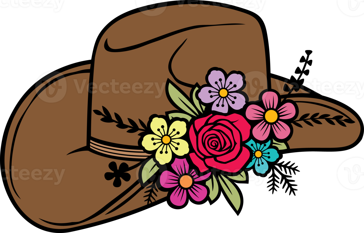 Cowboy Hat with Flowers Color Png Illustration