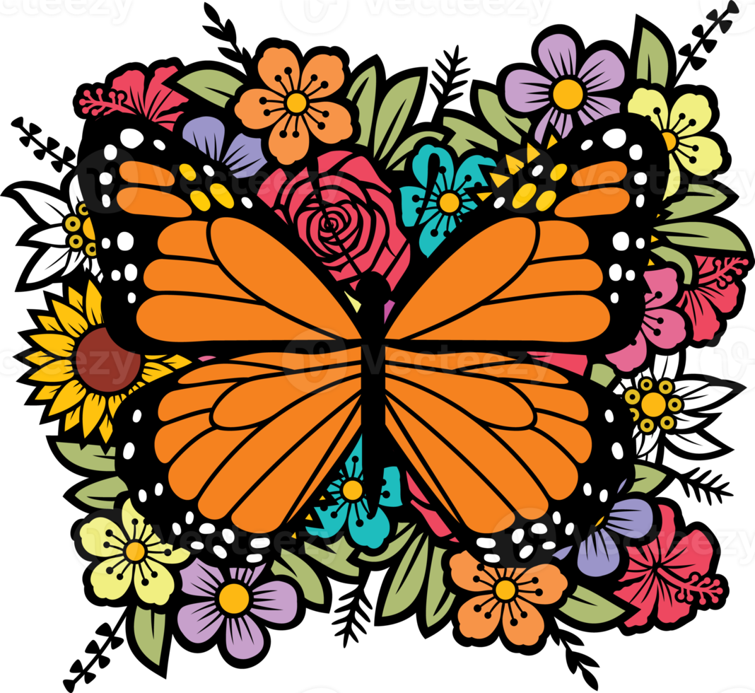 fjäril och blommor färg png illustration