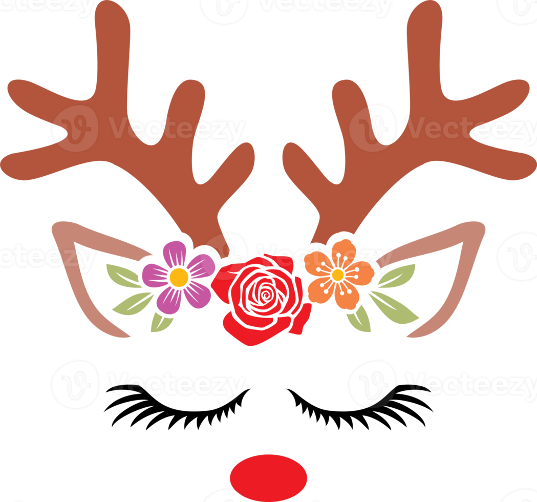 Christmas Reindeer with Flowers Png Illustration