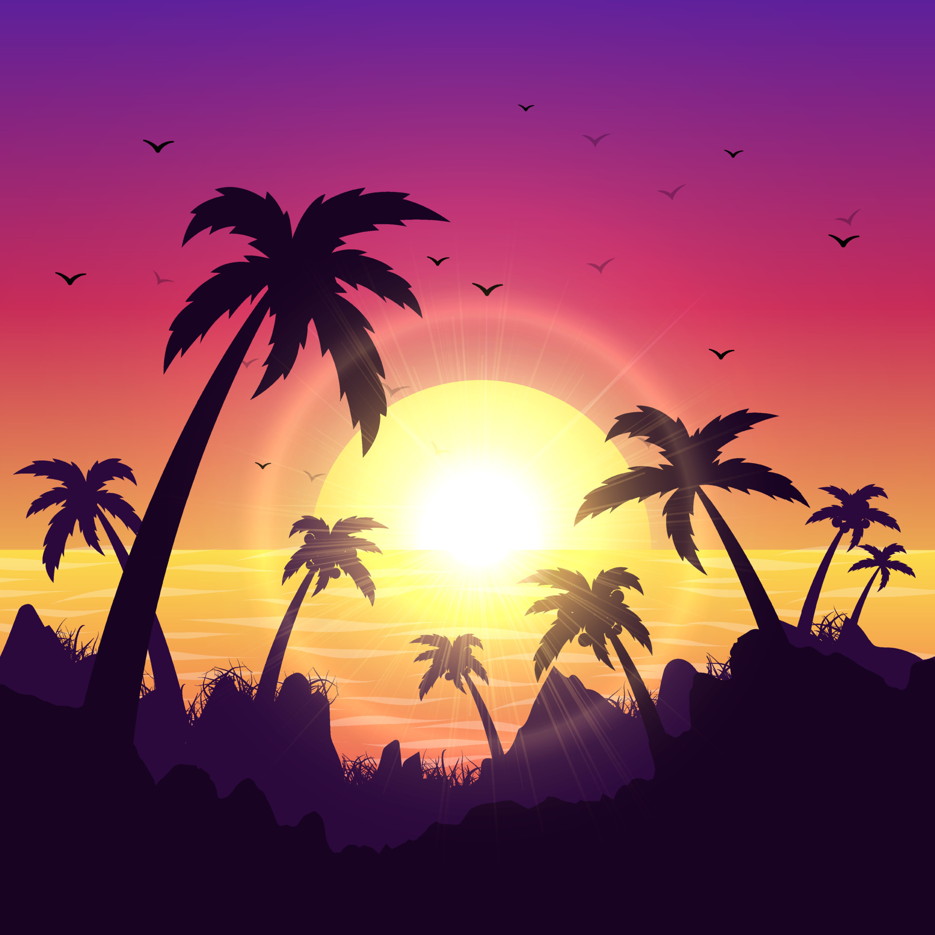 Elegant sunset background with palm tree and glowing sun light vector.  8513707 Vector Art at Vecteezy
